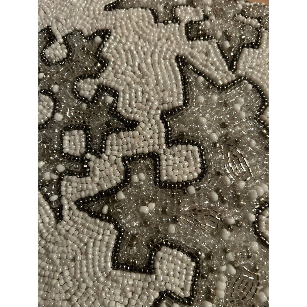 Christmas Beaded Silver Snowflake Throw Pillow Decor 14" Holiday - Picture 2 of 4